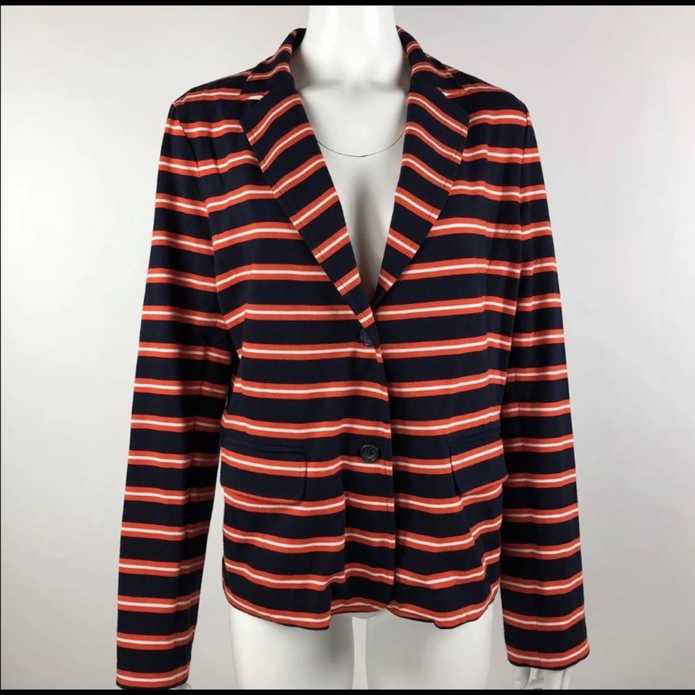 J Crew Blazer L Red White Navy Stripe Knit Cotton